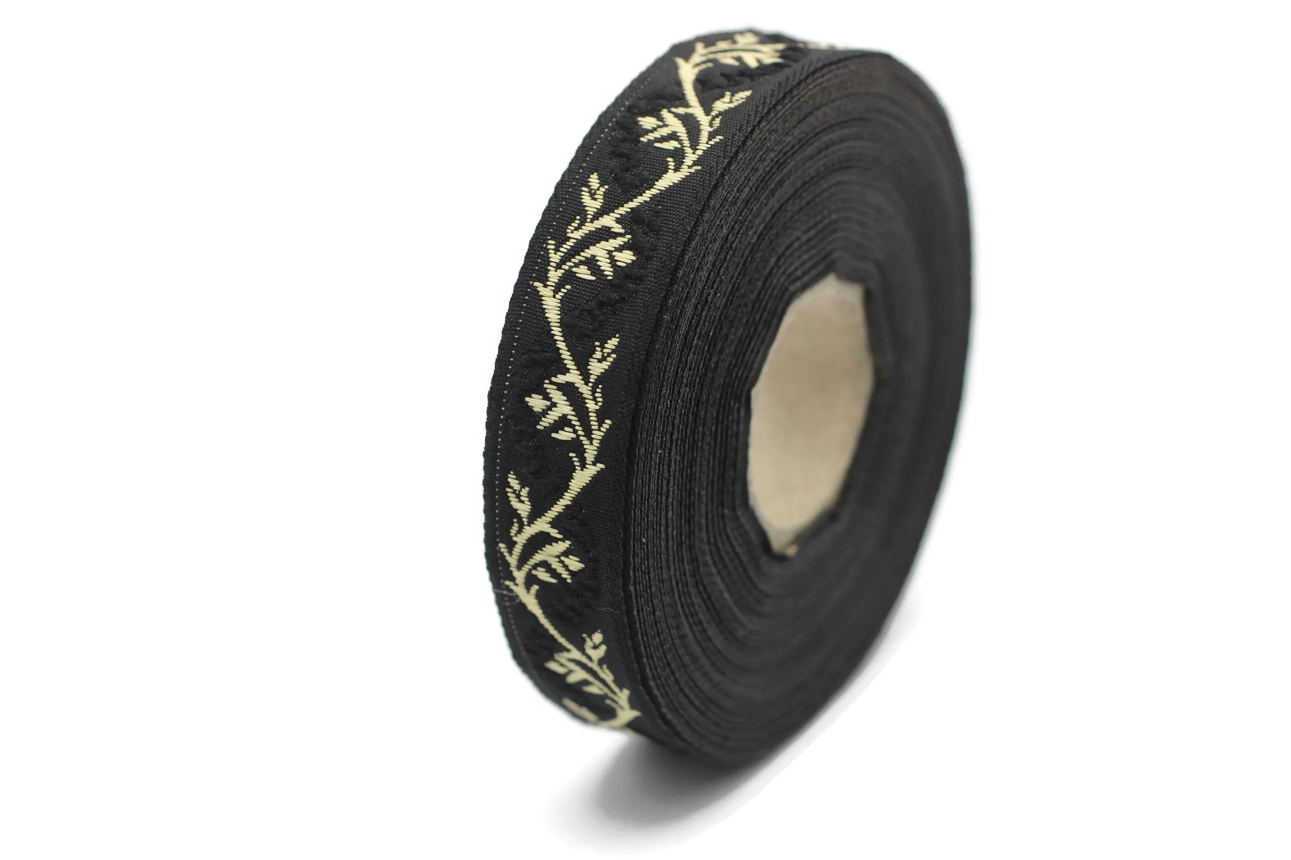 16 mm Black&Gold Tulips embroidered jacquard Ribbons (0.62 inches), Jacquard trim, craft supplies, collar supply, sewing trim, 16094