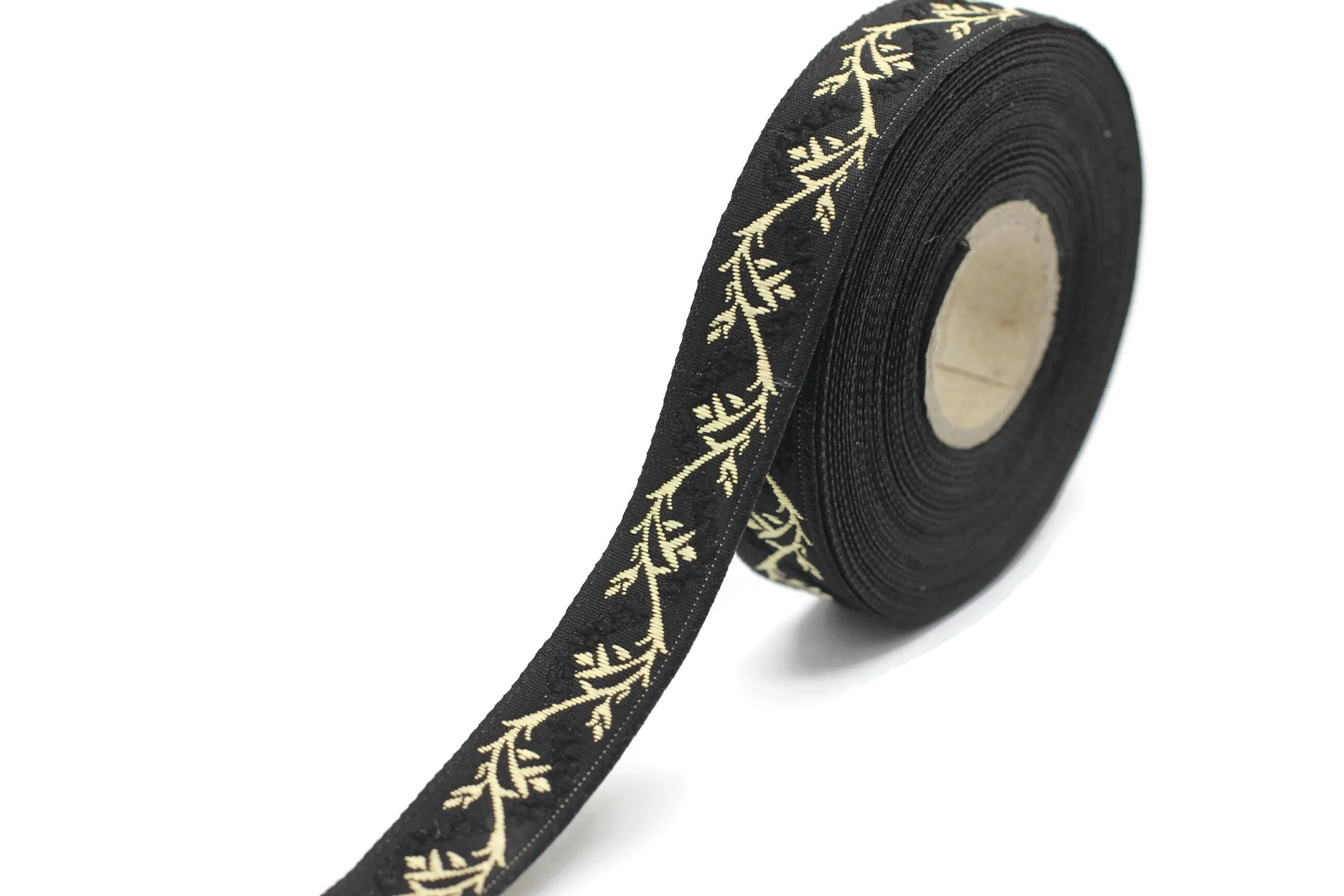 16 mm Black&Gold Tulips embroidered jacquard Ribbons (0.62 inches), Jacquard trim, craft supplies, collar supply, sewing trim, 16094