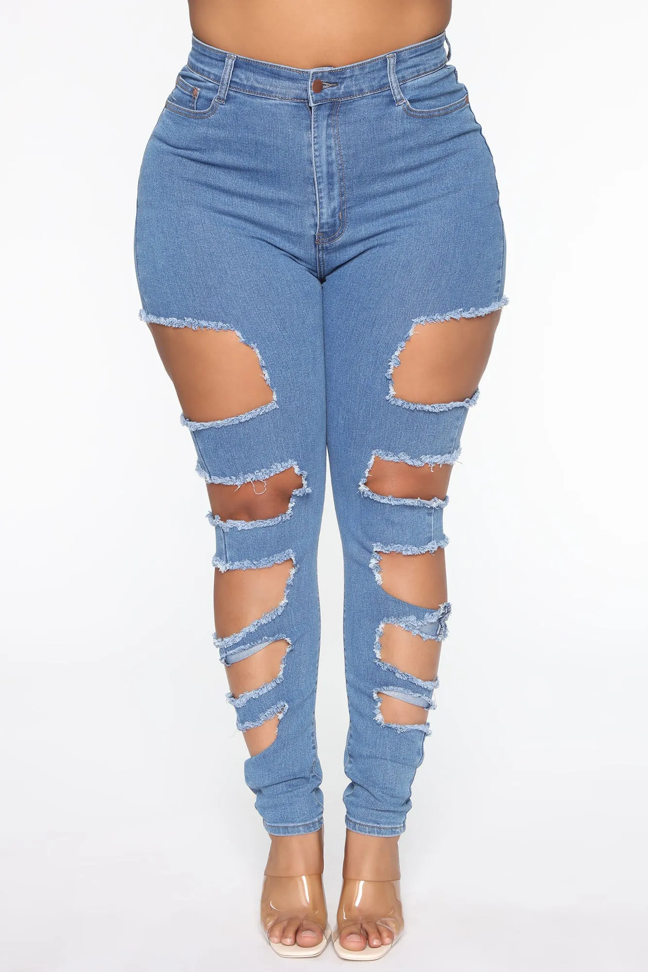 Around The Block Distressed Skinny Jeans - Medium Blue Wash