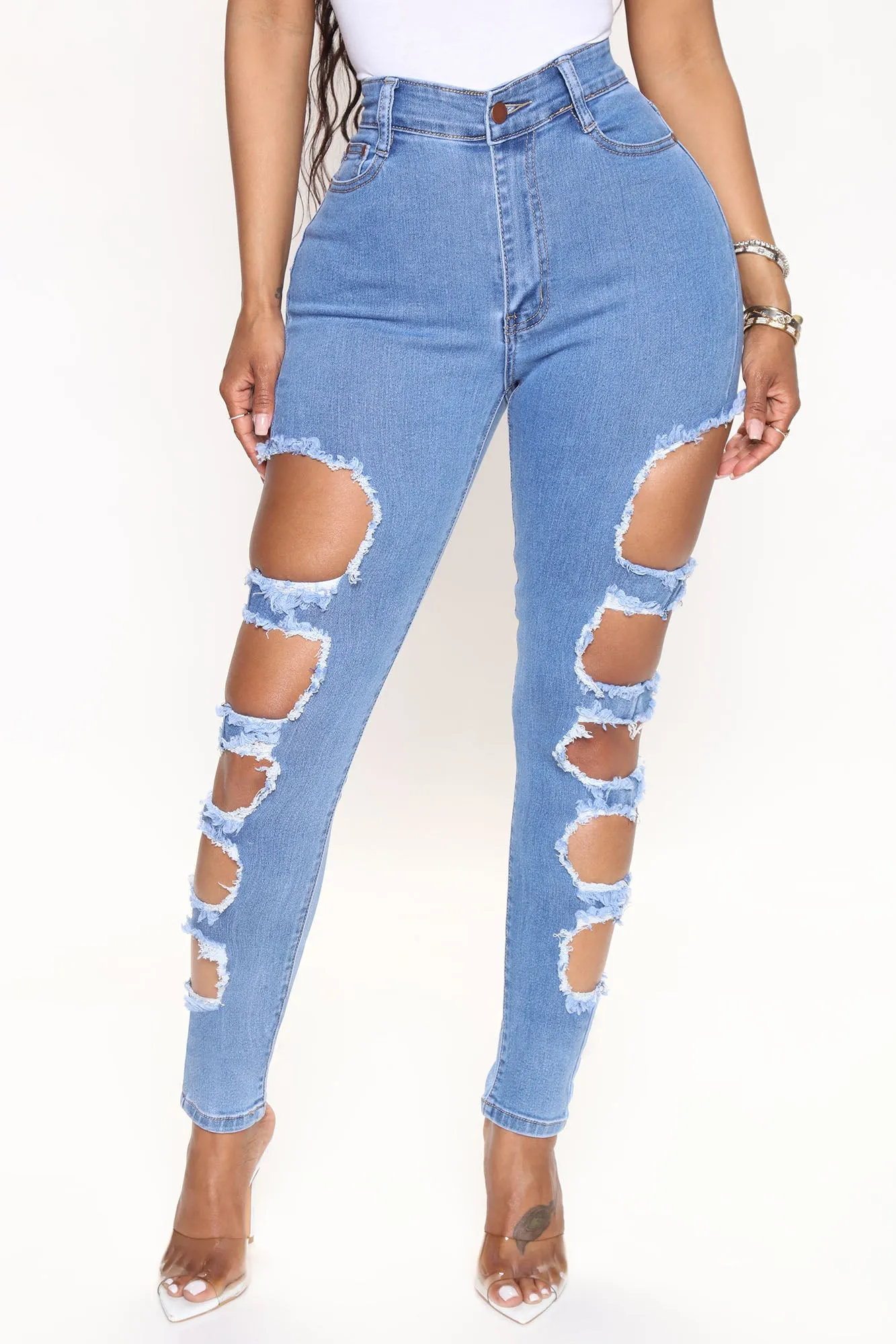 Around The Block Distressed Skinny Jeans - Medium Blue Wash