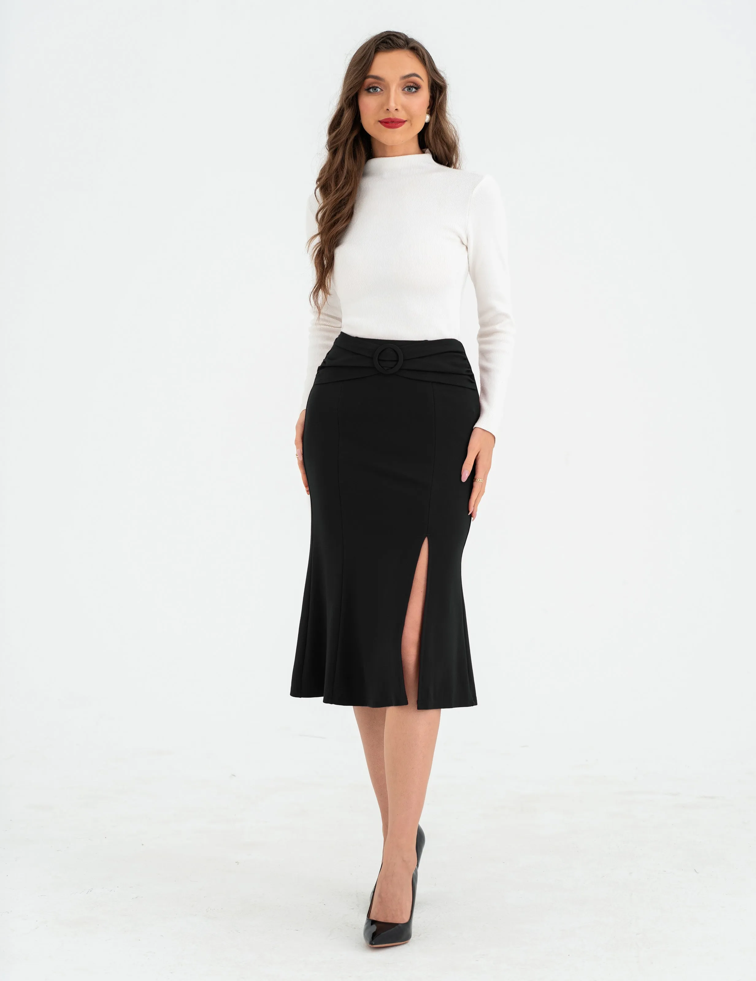 BP Women Vintage Front Slit Skirt Elastic Waist Mermaid Hem Bodycon Skirt