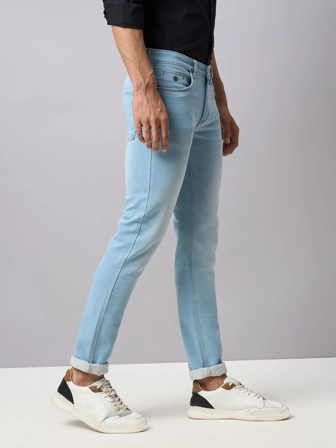 Cotton Stretch Ice Blue Plain Narrow Fit Flat Front Casual Jeans