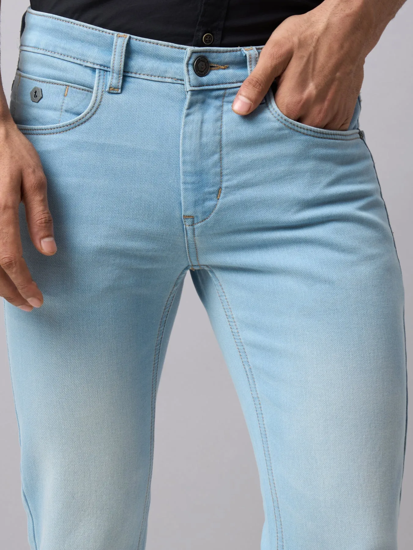 Cotton Stretch Ice Blue Plain Narrow Fit Flat Front Casual Jeans