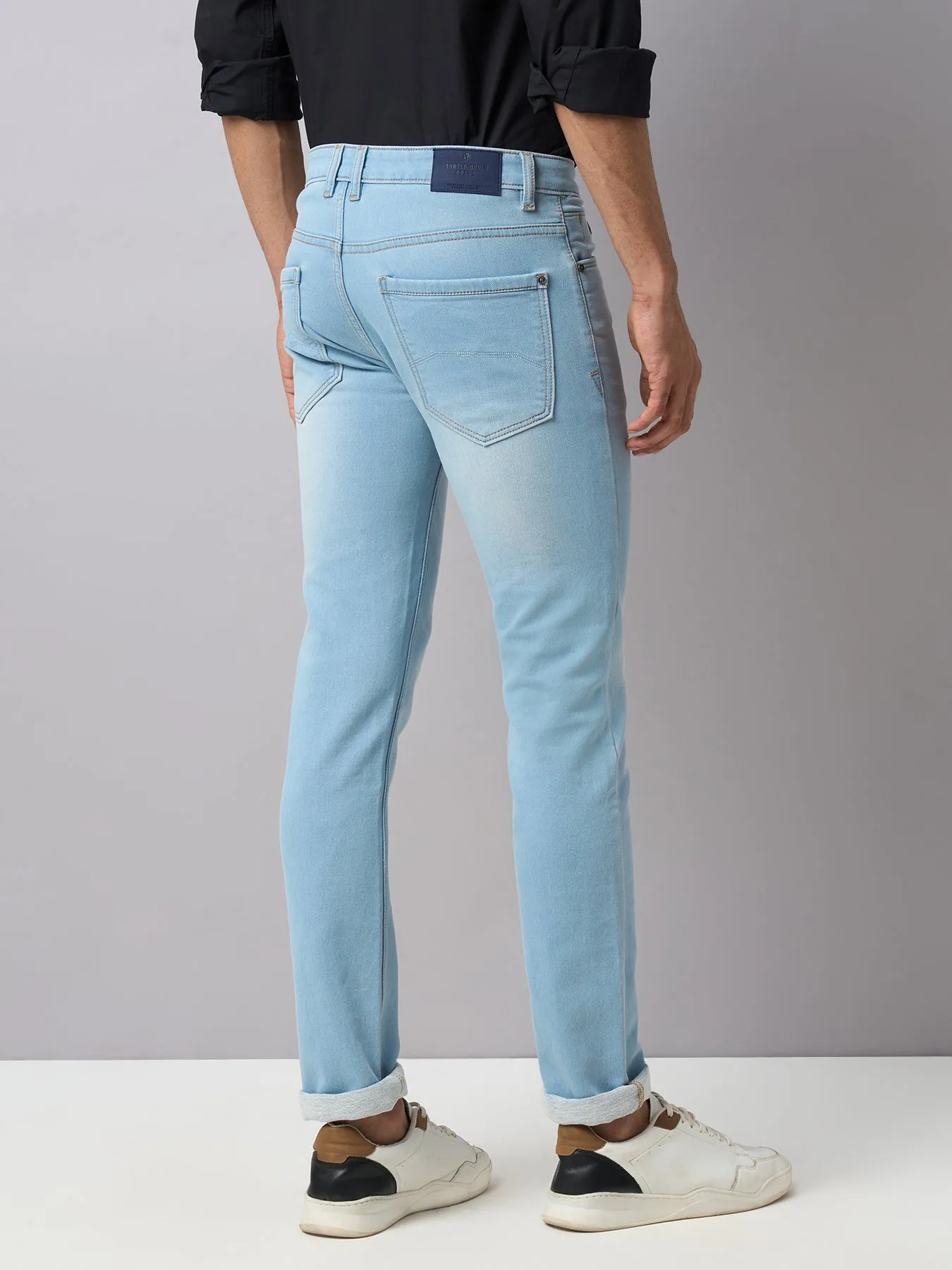 Cotton Stretch Ice Blue Plain Narrow Fit Flat Front Casual Jeans