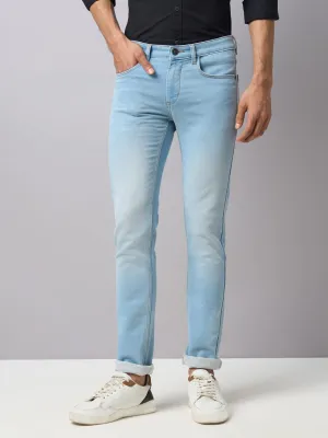 Cotton Stretch Ice Blue Plain Narrow Fit Flat Front Casual Jeans