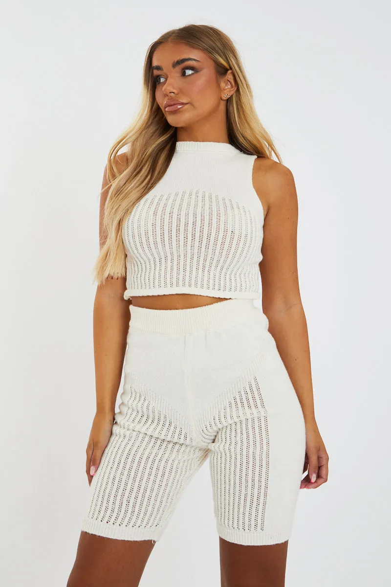 Cream Knitted High Neck Crop Top and Shorts Co-Ord Set - Nora