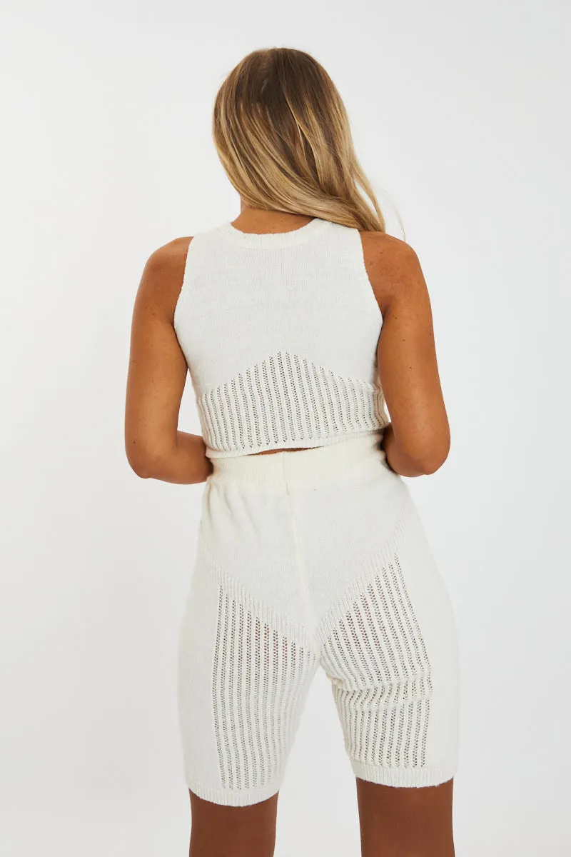 Cream Knitted High Neck Crop Top and Shorts Co-Ord Set - Nora