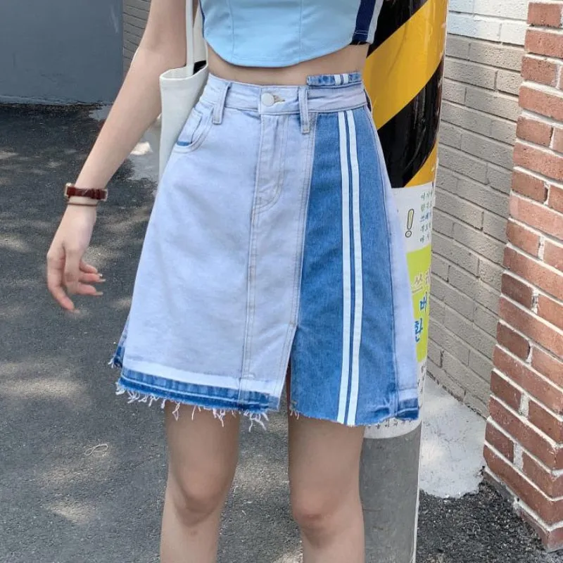 Designed Women Denim Skirt High Waist Patchwork Tassel A Line Jeans Skirt Fashion Streetwear Summer Girls Mini Skirts New