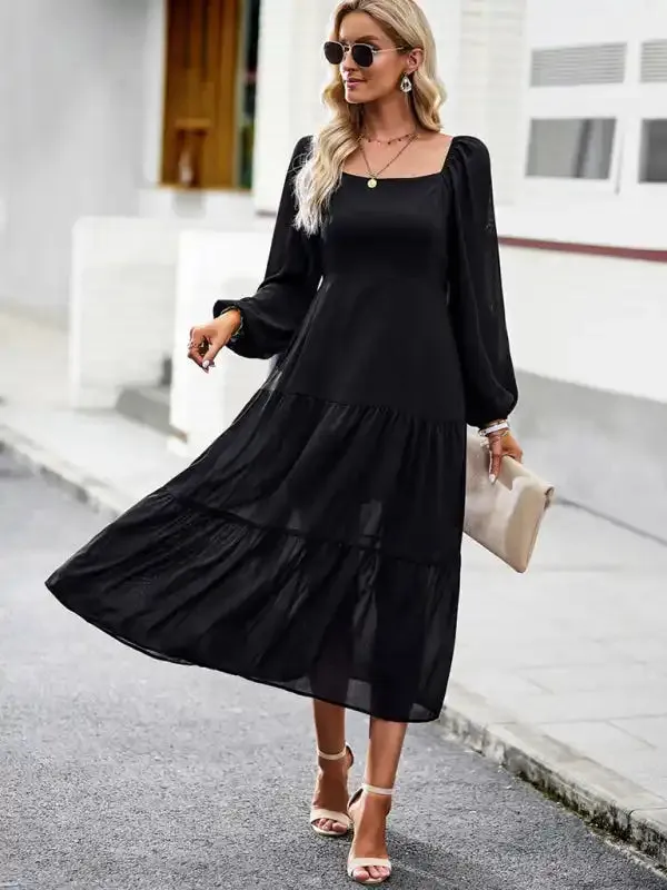 Elegant and Elegant Multi-Layer Long Skirt With Square Collar