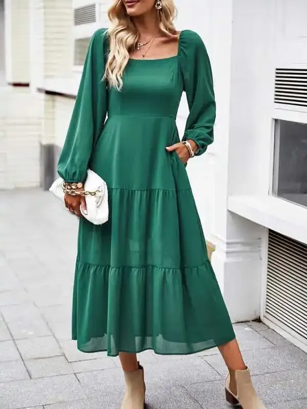 Elegant and Elegant Multi-Layer Long Skirt With Square Collar