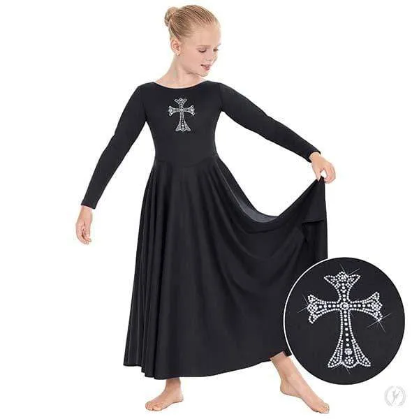 Eurotard Girls Long Sleeve Praise Dress with Rhinestone Royal Cross