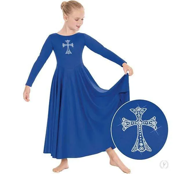 Eurotard Girls Long Sleeve Praise Dress with Rhinestone Royal Cross