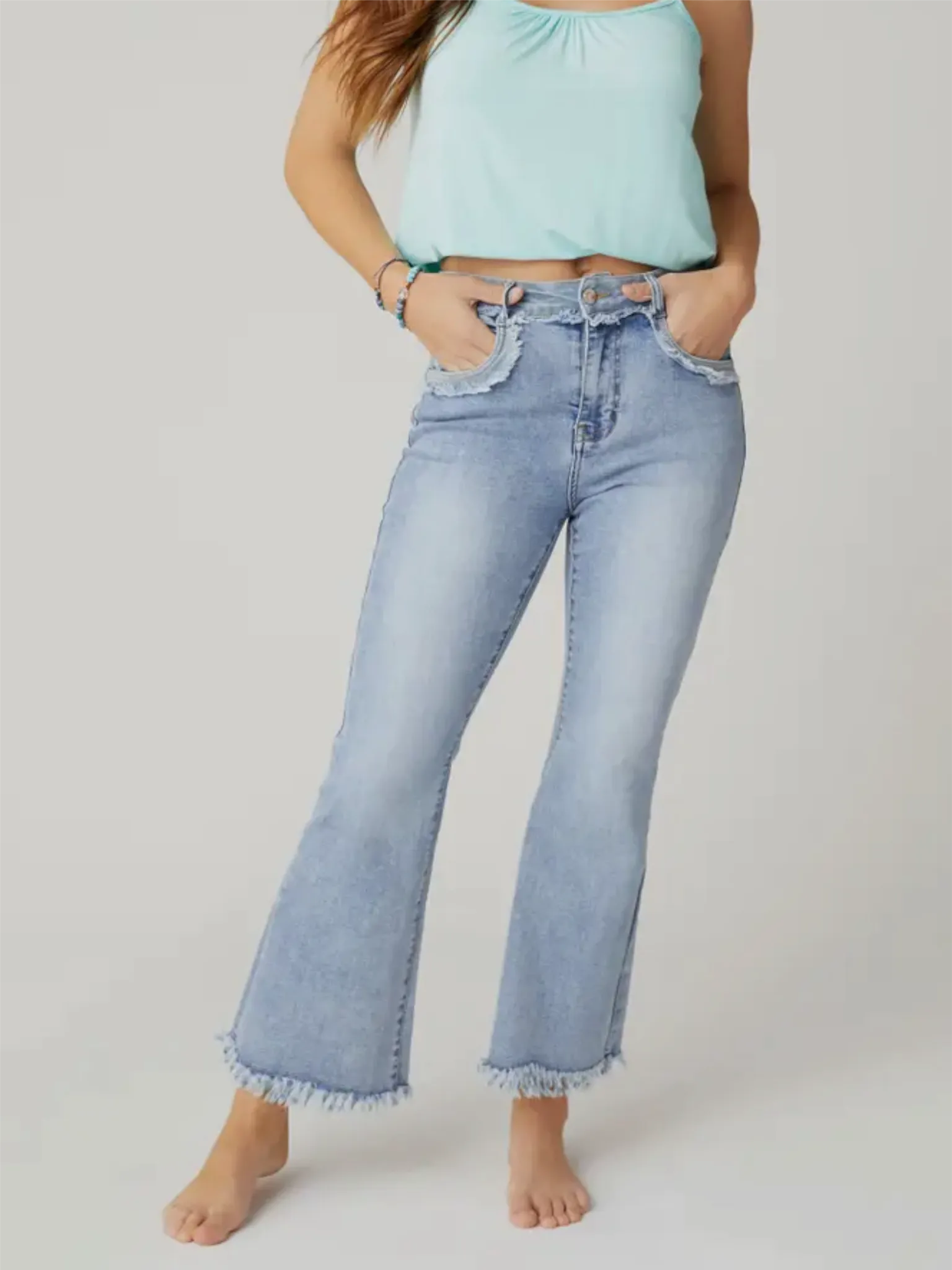 Everstretch Ankle Jeans with Fringe Detail - Light Denim