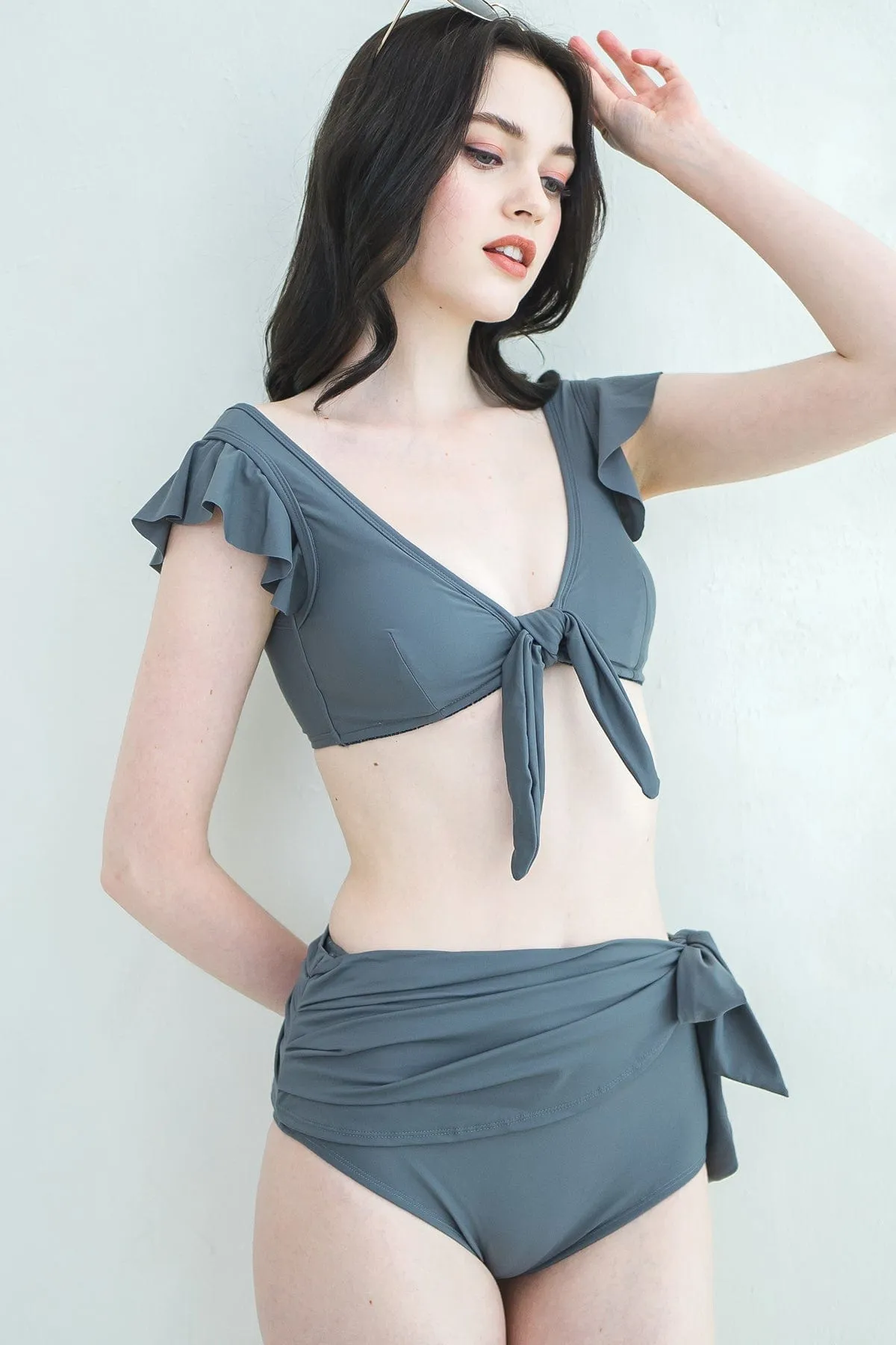 FLUTTER SLEEVE RIBBON TIE BIKINI TOP