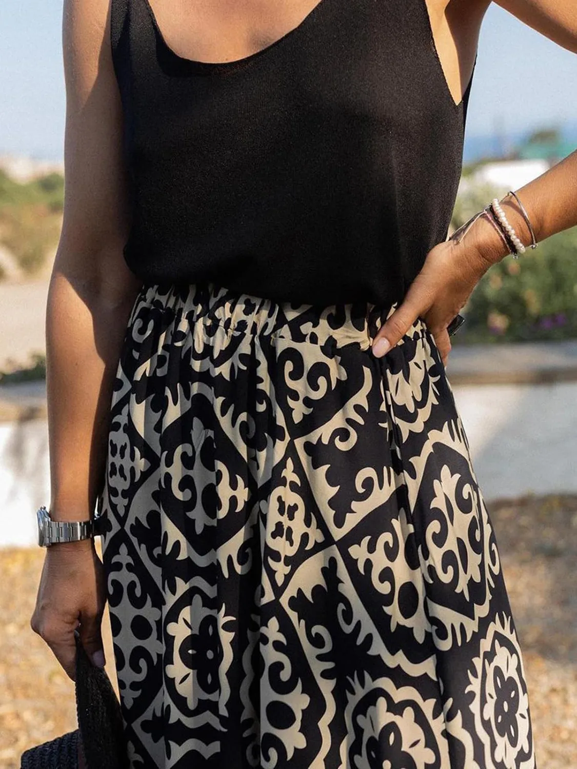 Geometric Elastic Waist Skirt