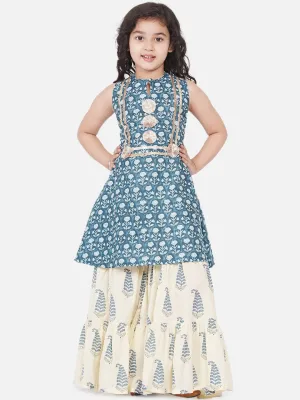 Girl's Blue Floral Printed Pleated Kurta with Skirt - NOZ2TOZ KIDS