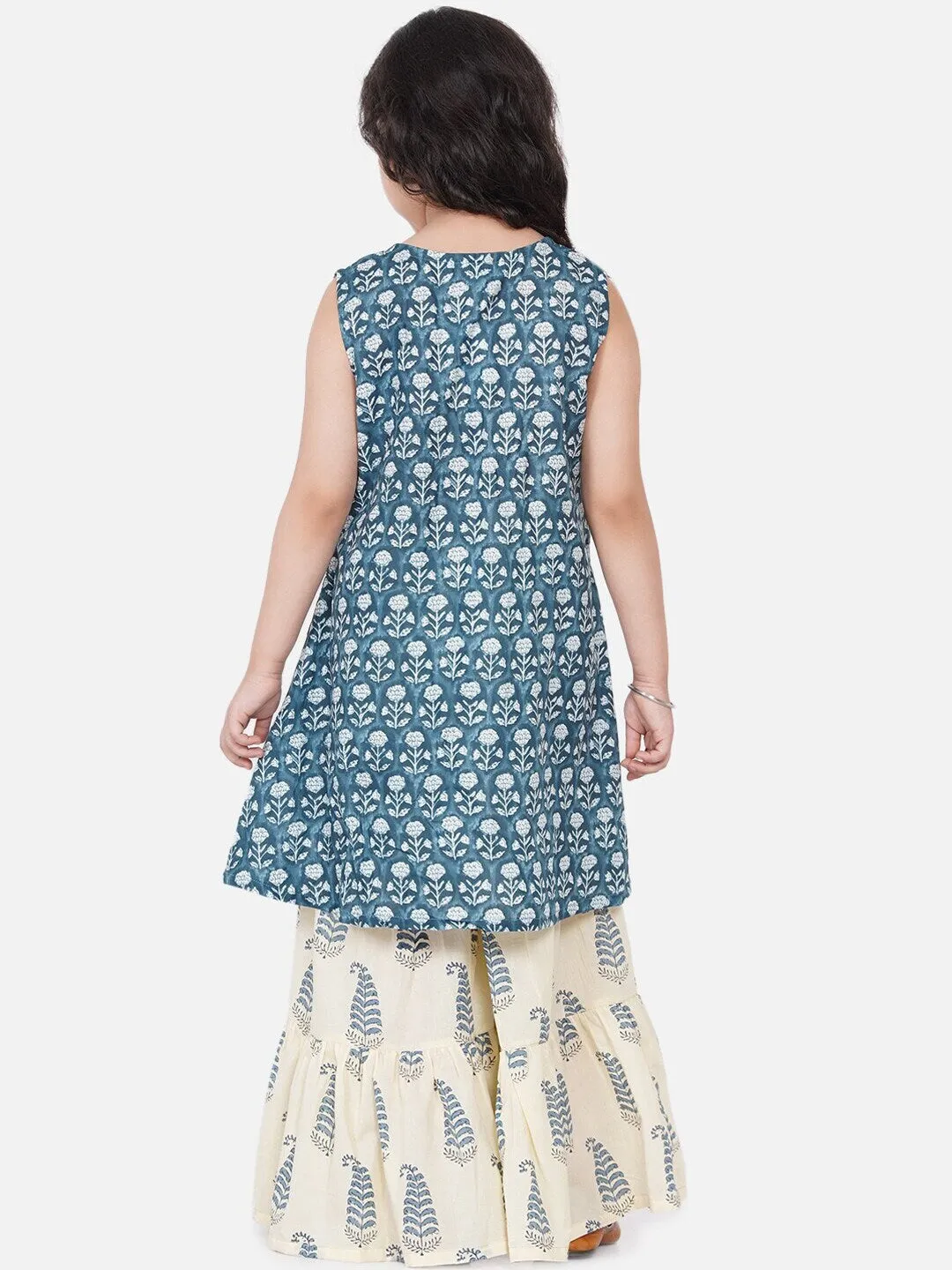 Girl's Blue Floral Printed Pleated Kurta with Skirt - NOZ2TOZ KIDS