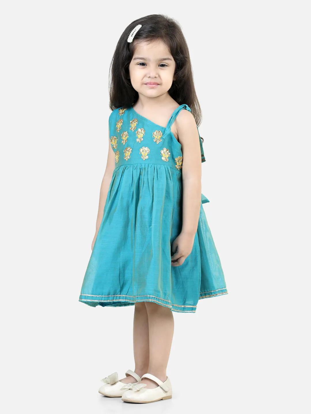 Girls Gota Patti Embroidery Chanderi Frock Party Dress - Teal