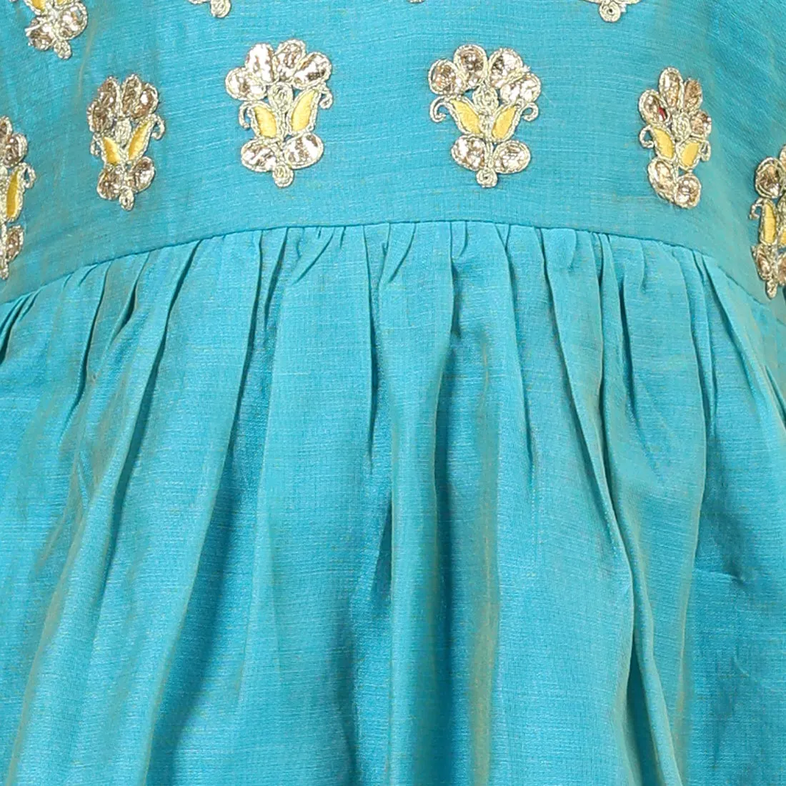 Girls Gota Patti Embroidery Chanderi Frock Party Dress - Teal