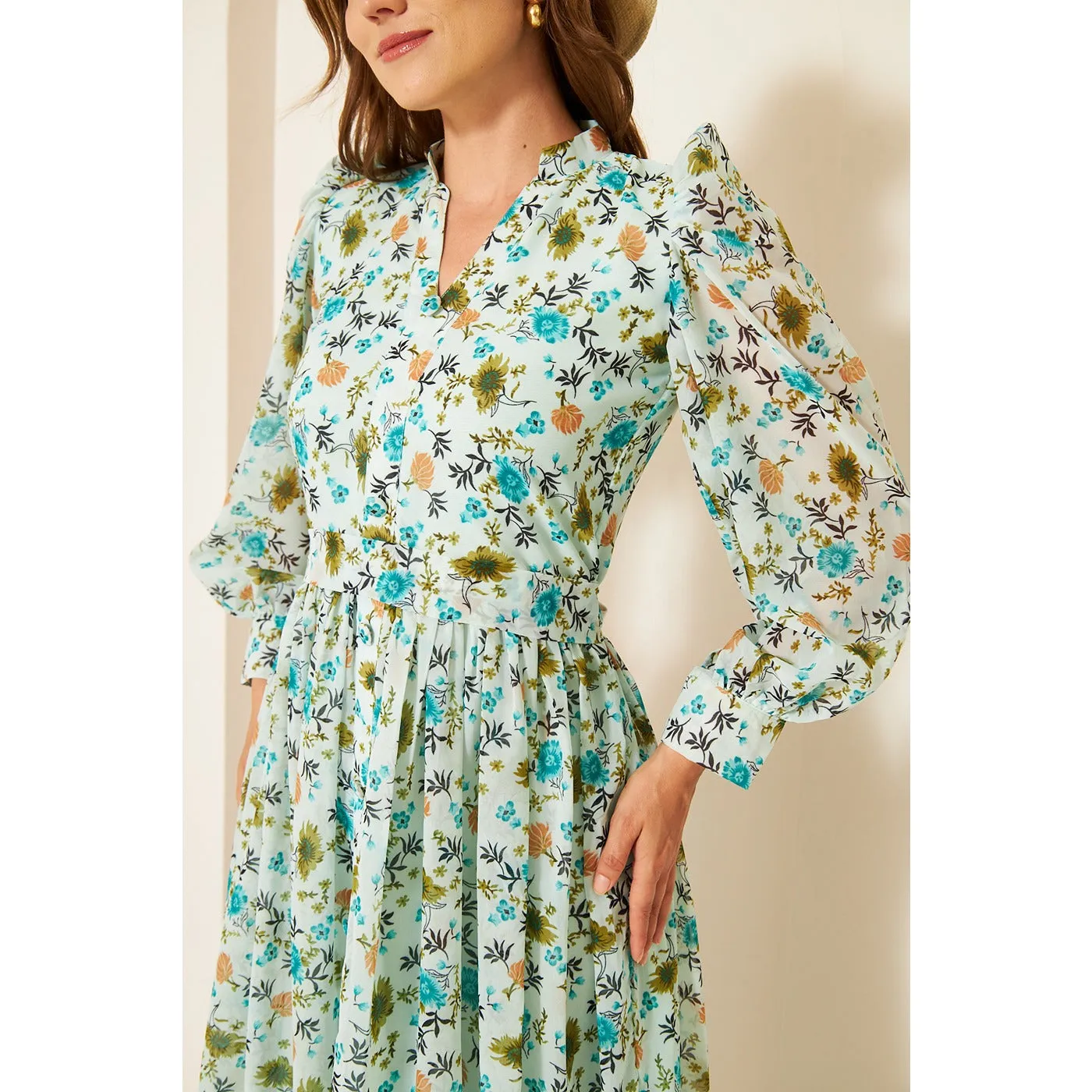 Green Chiffon Floral Shirt Dress