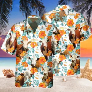 Hereford Bright Hibiscus Flowers Hawaiian Shirt, Cow Hawaii shirts men, Flowers Aloha Shirt For cow Lovers