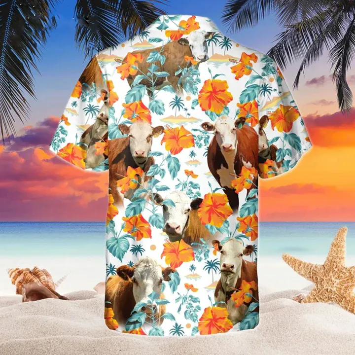 Hereford Bright Hibiscus Flowers Hawaiian Shirt, Cow Hawaii shirts men, Flowers Aloha Shirt For cow Lovers