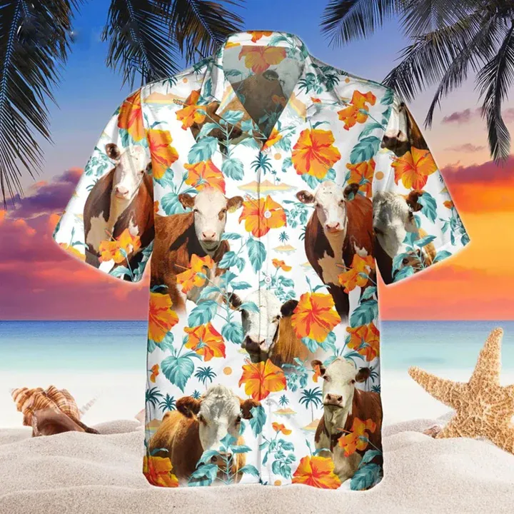 Hereford Bright Hibiscus Flowers Hawaiian Shirt, Cow Hawaii shirts men, Flowers Aloha Shirt For cow Lovers