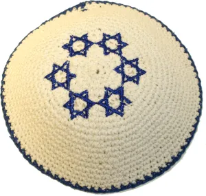 Holy Land Market White with 6 Blue Stars of David 17cm DMC 100% Knitted Cotton Kippah Jewish - 2019 Release M3