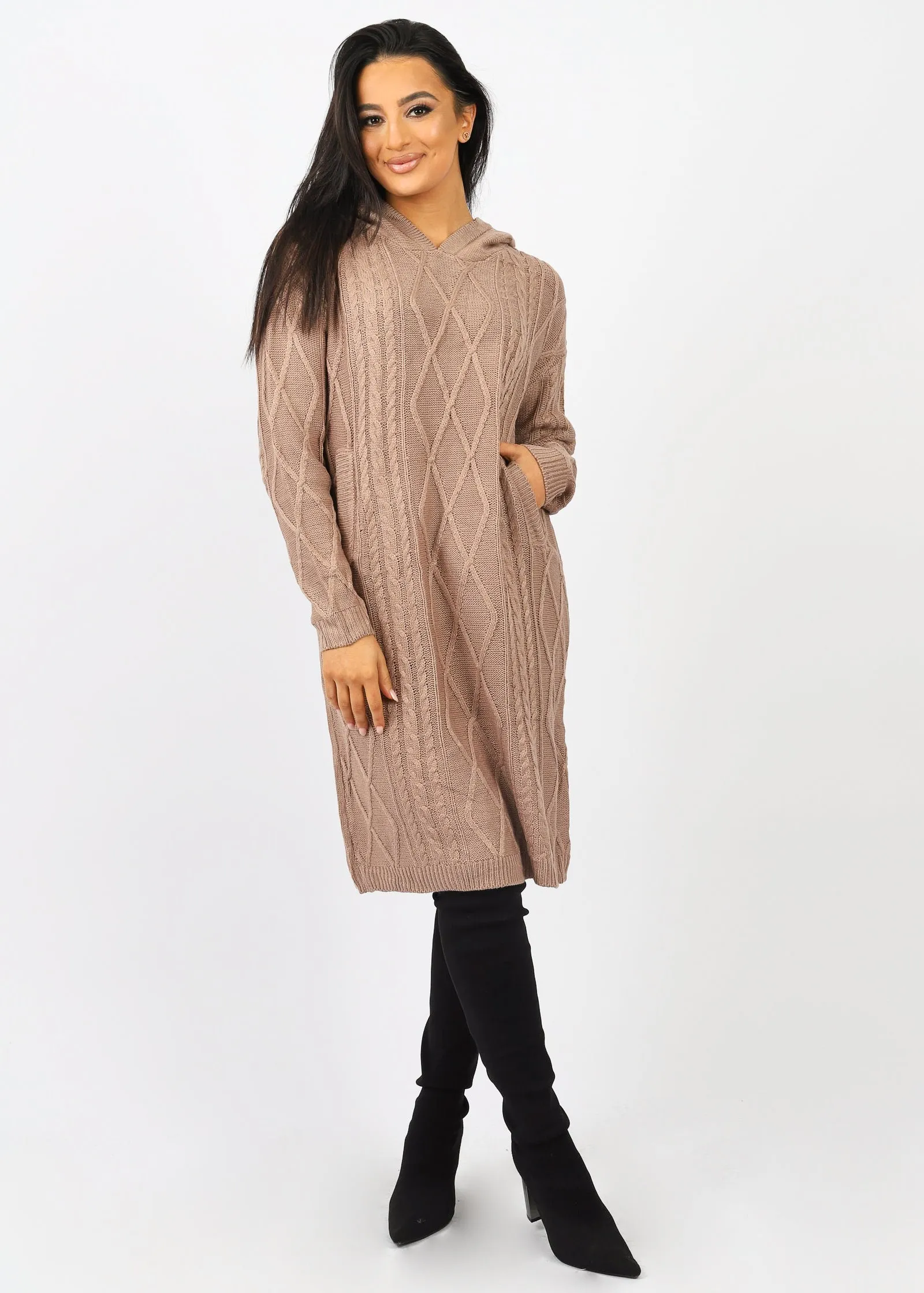 Hooded Cable Knit Midi Jumper