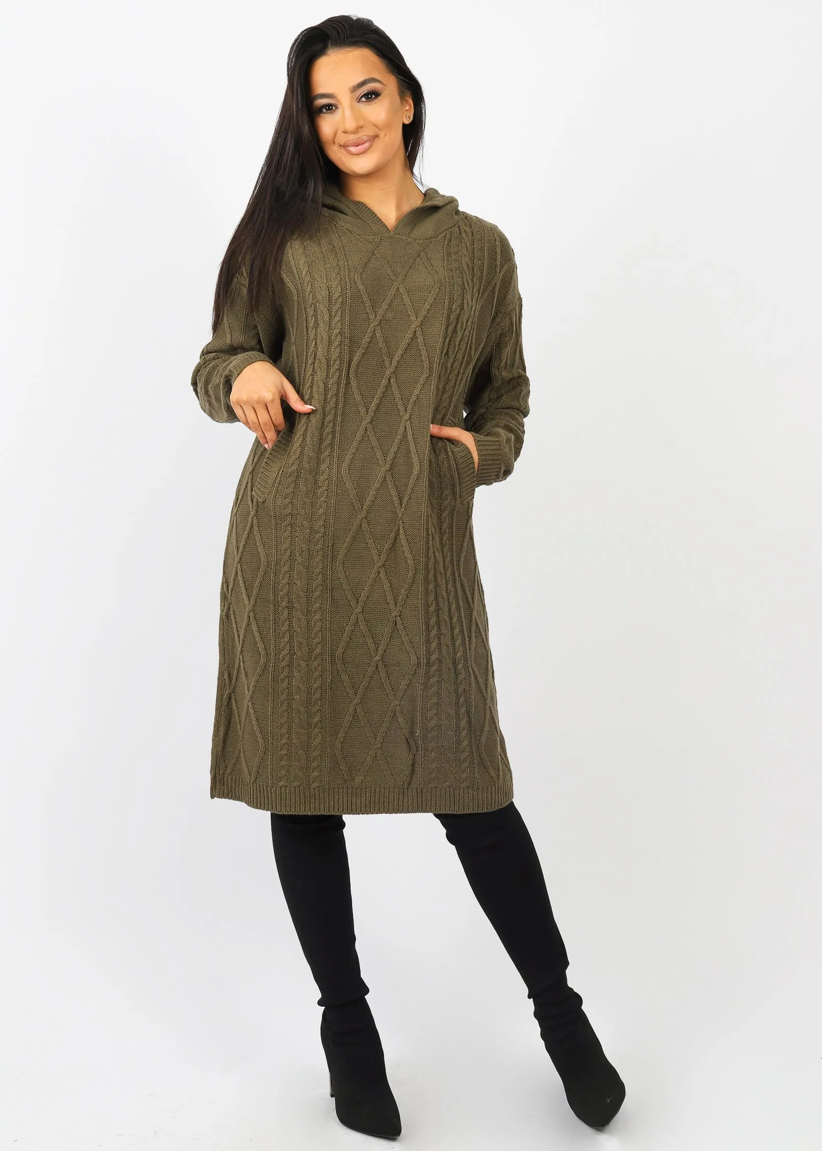 Hooded Cable Knit Midi Jumper