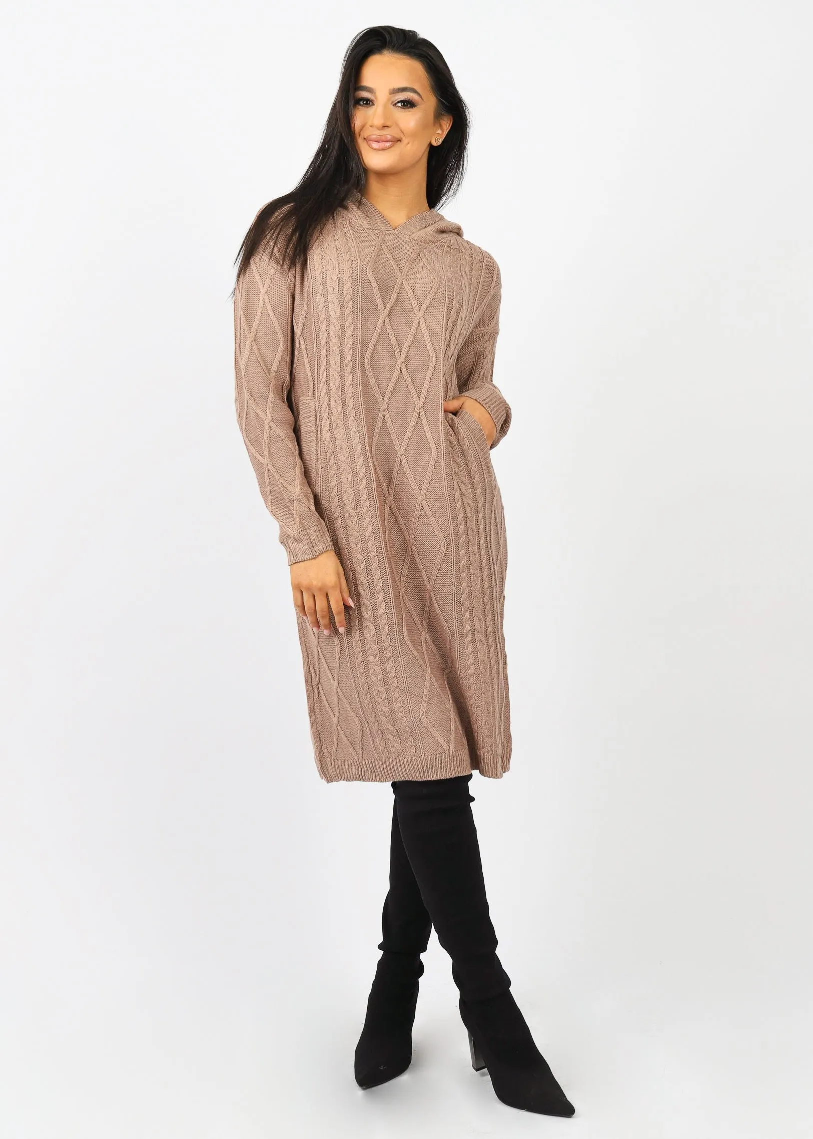 Hooded Cable Knit Midi Jumper