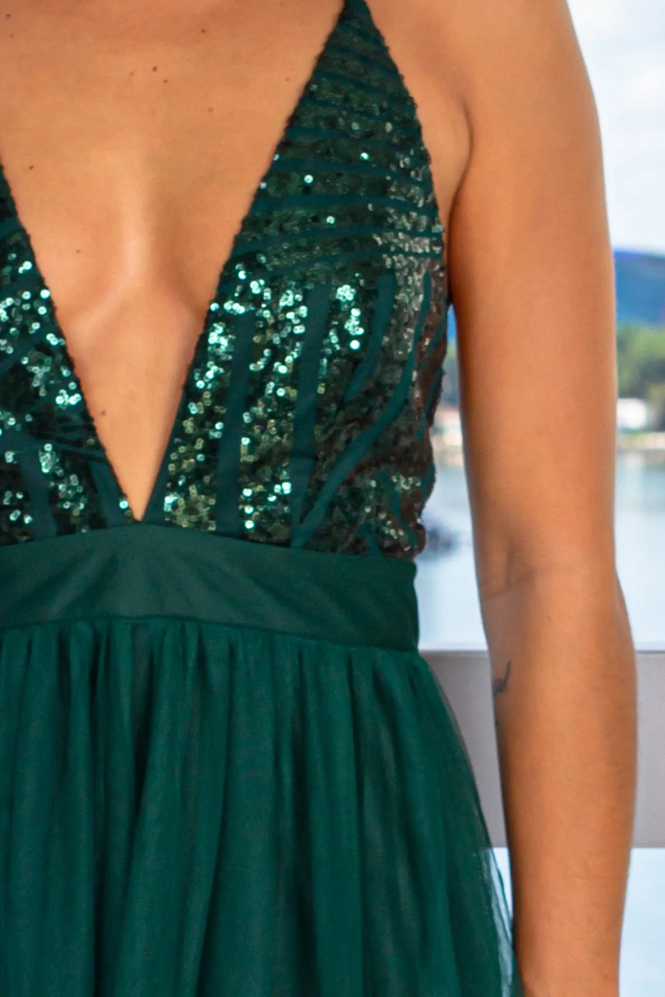 Hunter Green Tulle Maxi Dress with Sequin Top