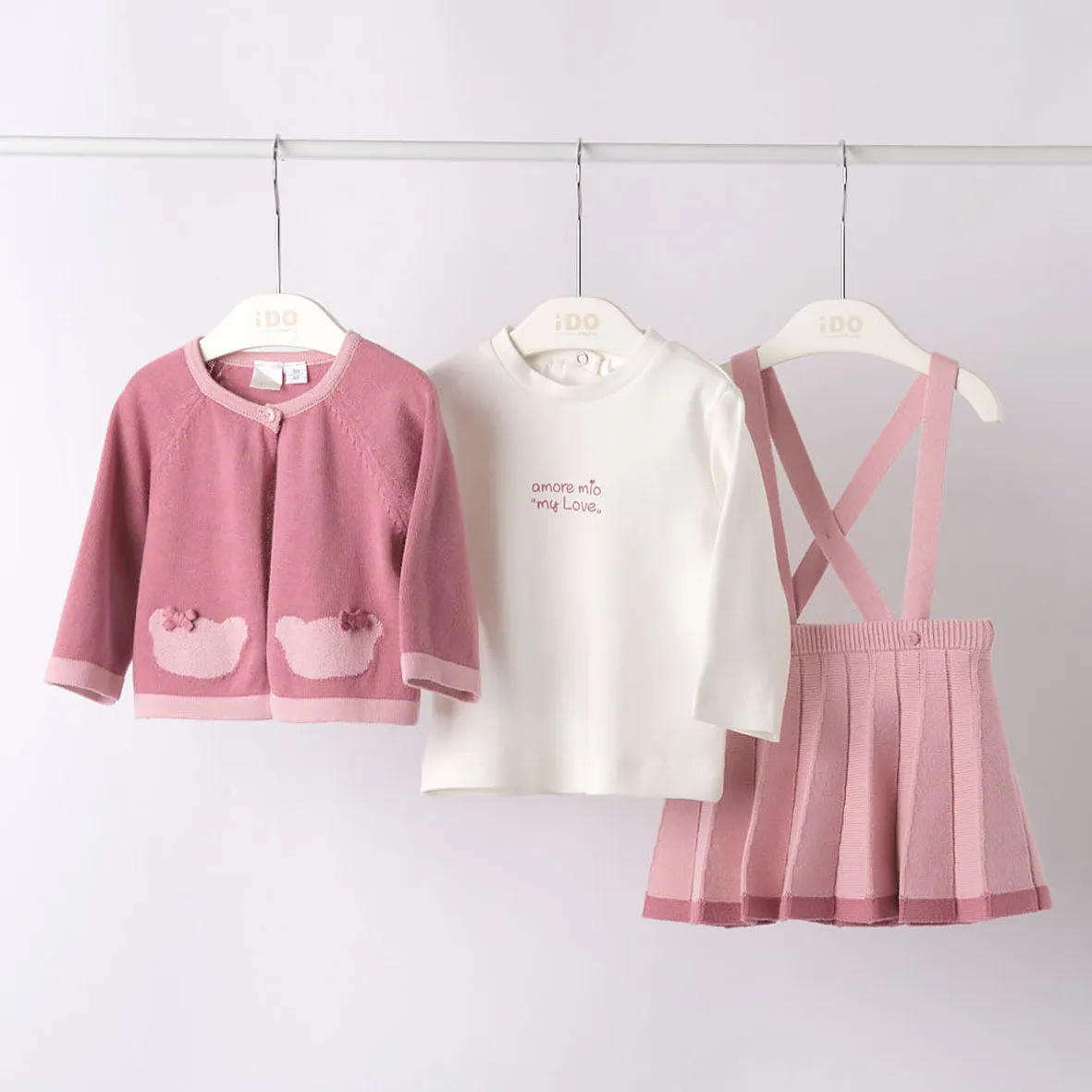 iDo - 3 piece knit set, top skirt and cardigan, pink