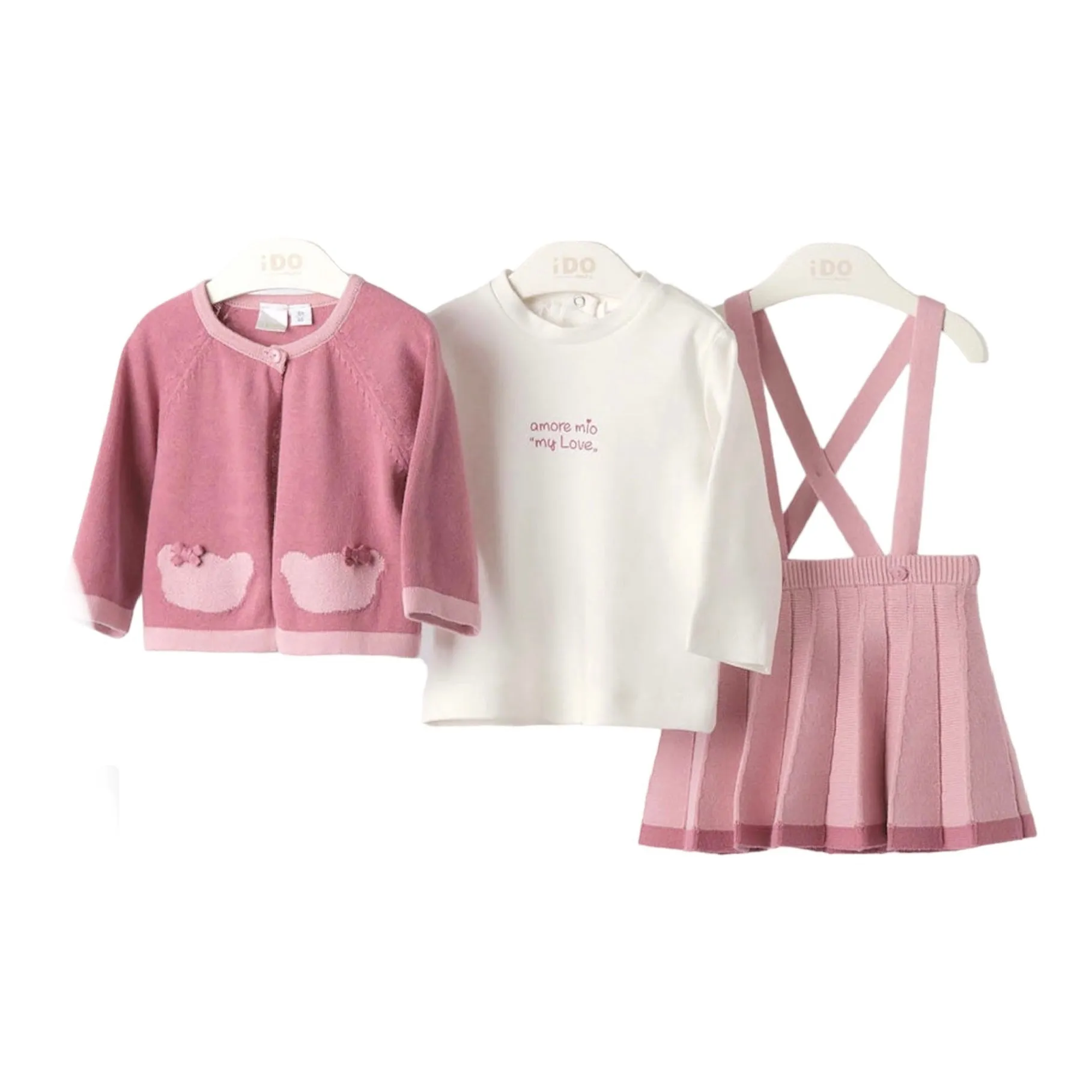 iDo - 3 piece knit set, top skirt and cardigan, pink