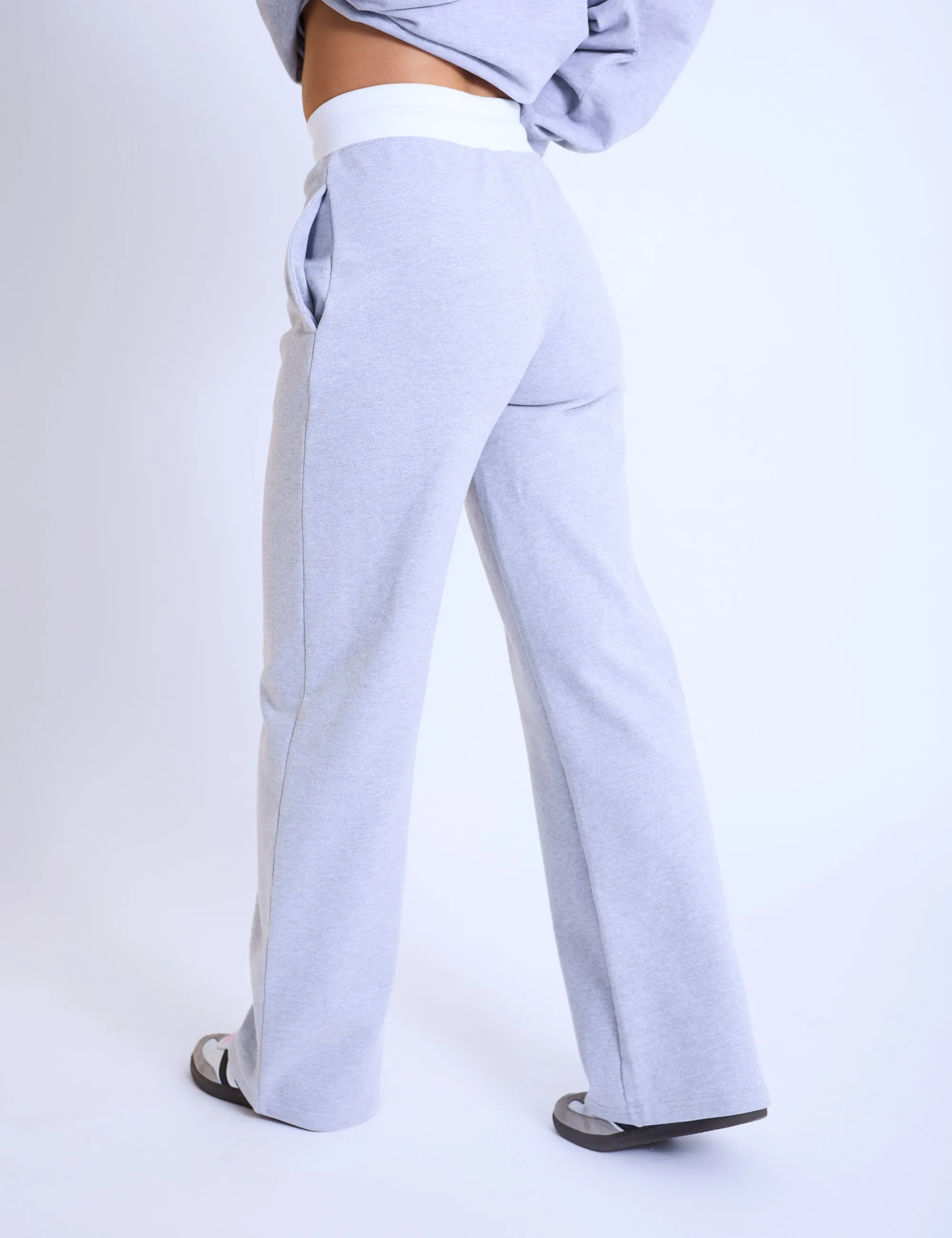 Kaiia Contrast Waistband Wide Leg Sweat Pants Grey Marl & Pink