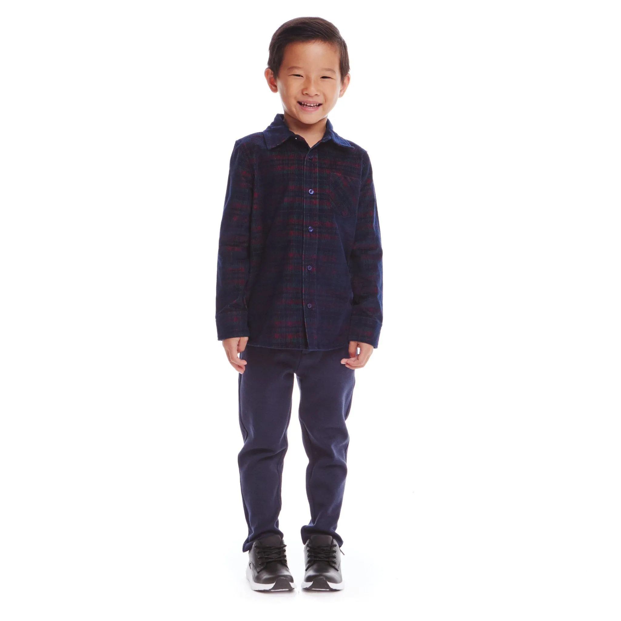 Kids Cord Buttondown & Navy Joggers Set | Red Plaid