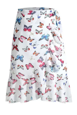 Lace Up Slit Butterfly Floral Chiffon Skirt