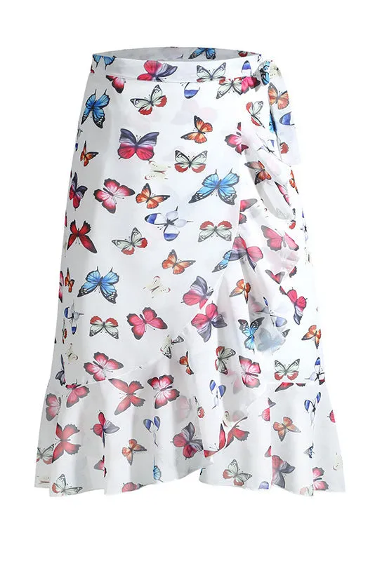 Lace Up Slit Butterfly Floral Chiffon Skirt