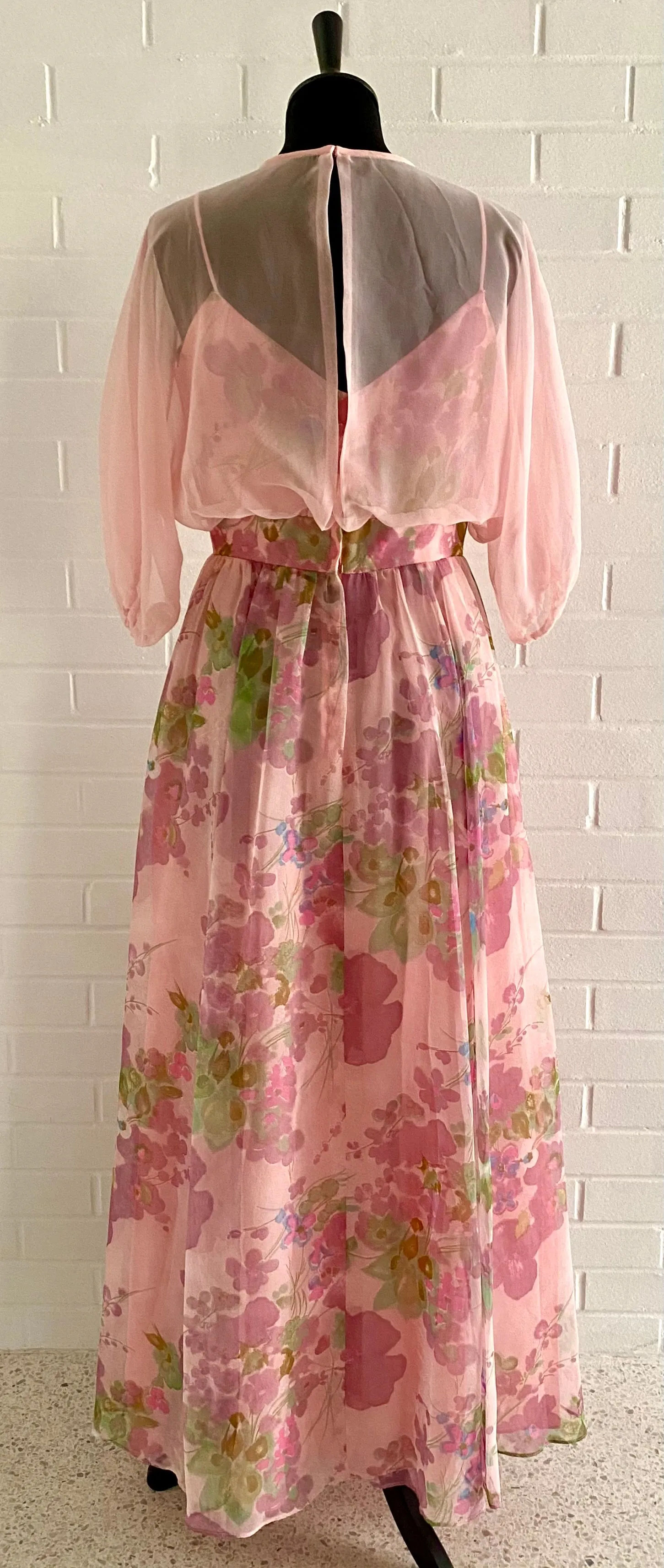 Late 60s/ Early 70s Flowered Organza & Chiffon Maxi Dress