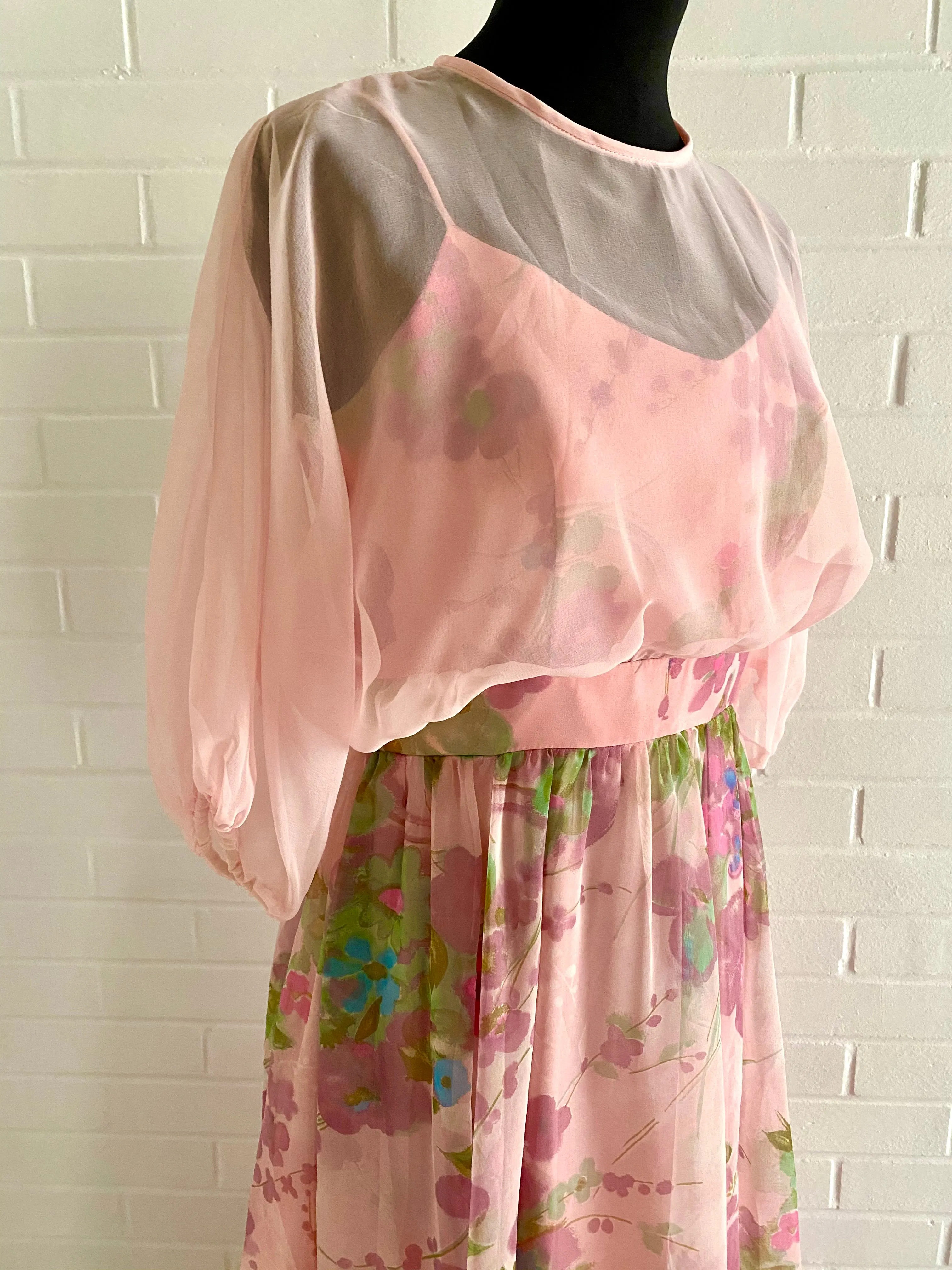 Late 60s/ Early 70s Flowered Organza & Chiffon Maxi Dress