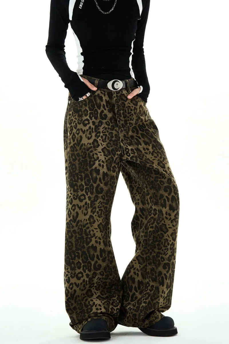 Leopard Print Wide-Leg Jeans Retro Low-Rise Casual Pants