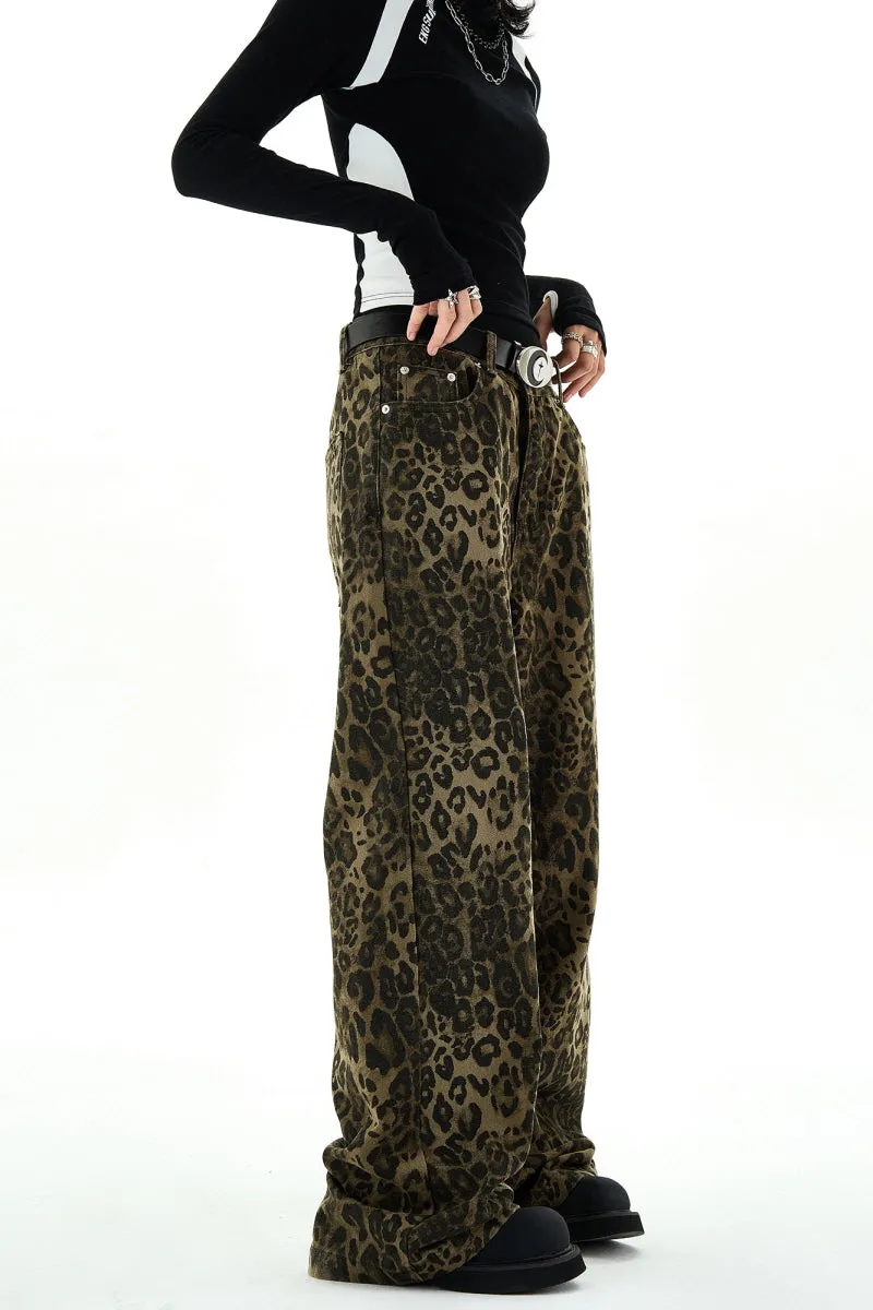 Leopard Print Wide-Leg Jeans Retro Low-Rise Casual Pants