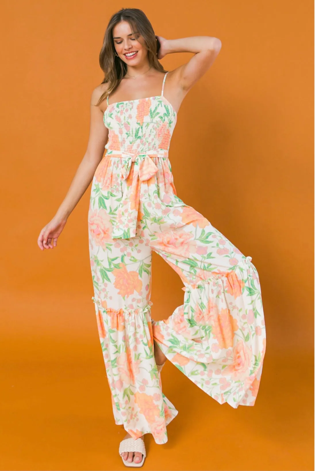 LP1007 Smocked body wide leg jumpsuit