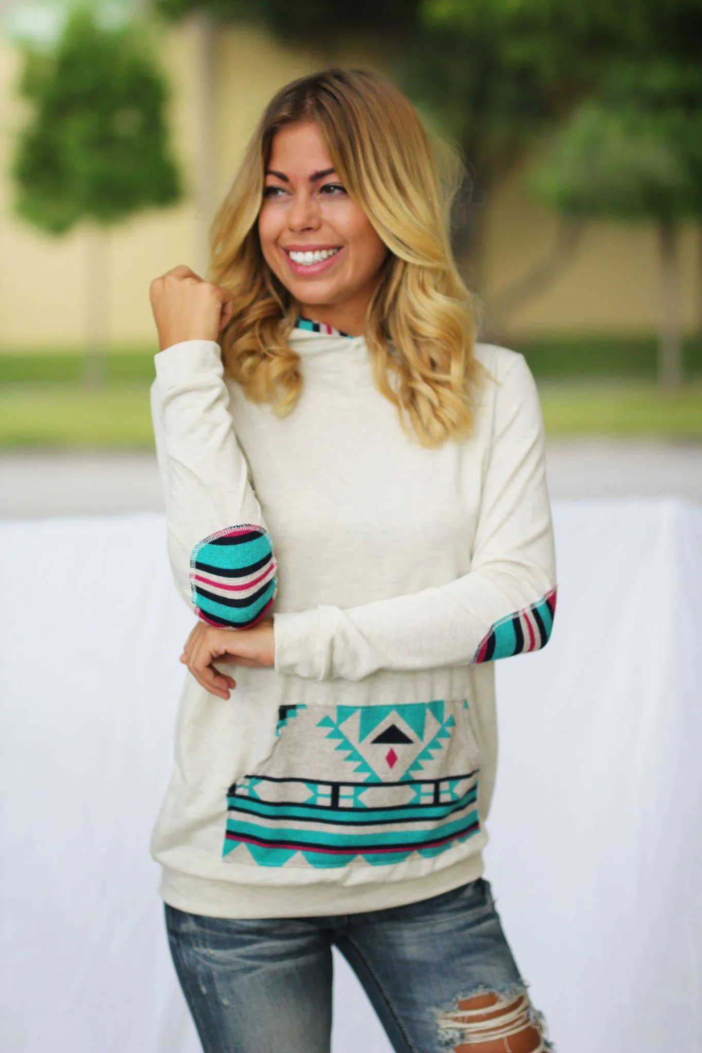 Mint and Pink Aztec Hoodie with Pocket