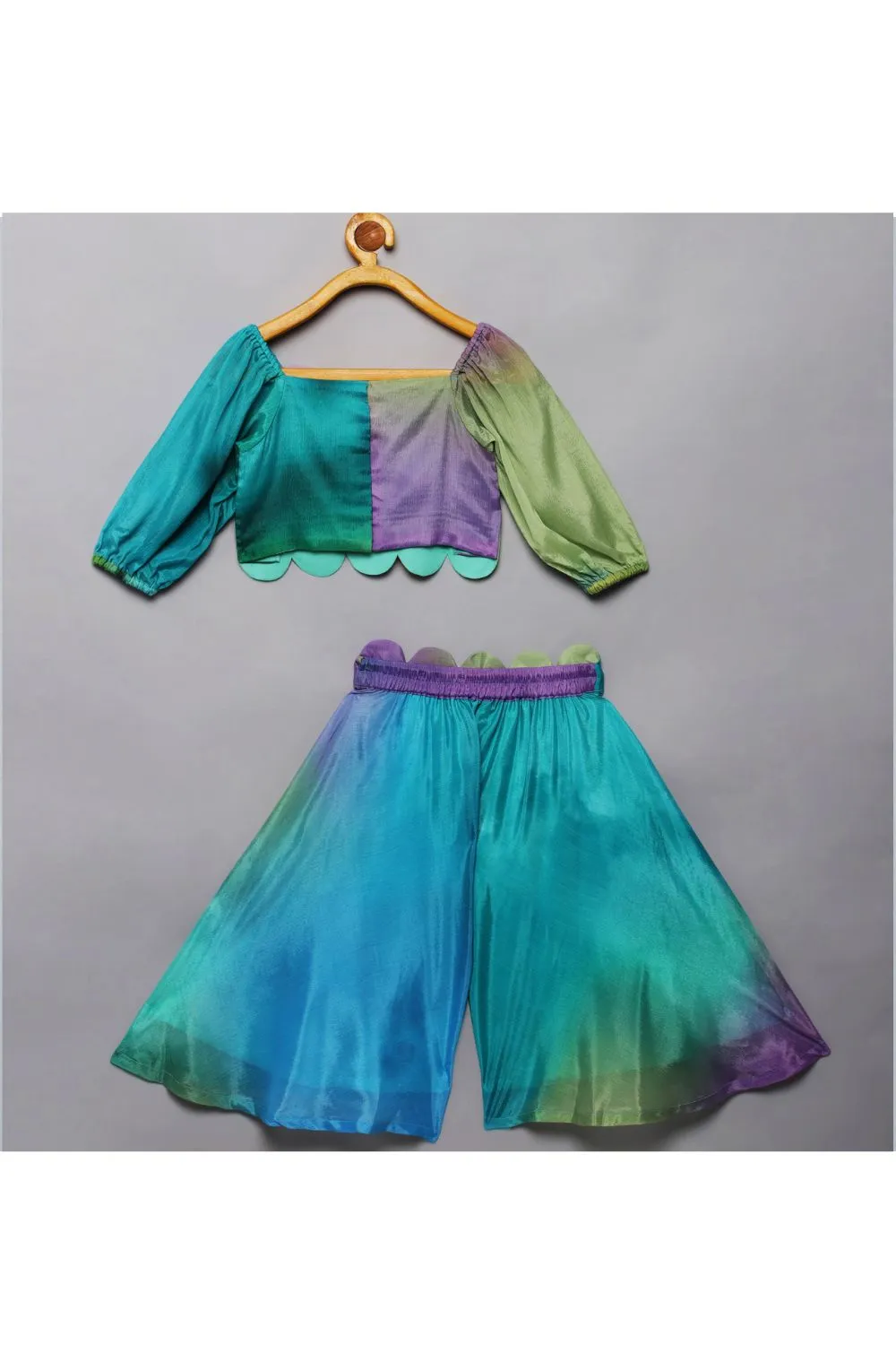 Multi-colored Chiffon Tulle Flower Top With Scalloped Palazzo Set