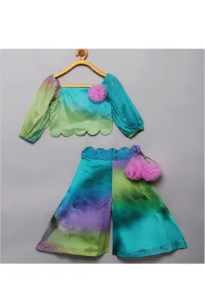 Multi-colored Chiffon Tulle Flower Top With Scalloped Palazzo Set