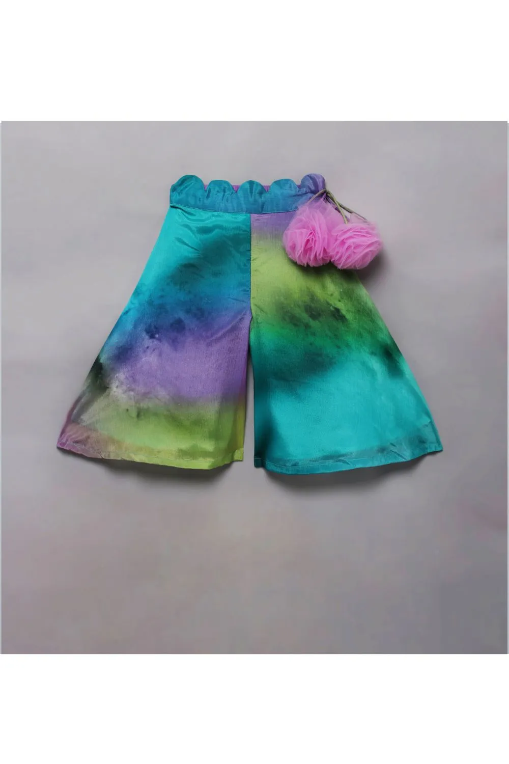 Multi-colored Chiffon Tulle Flower Top With Scalloped Palazzo Set