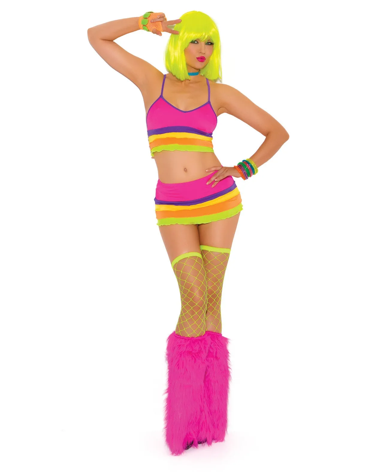 Neon Nites Lycra Bra Top & Mini Skirt Neon O/S