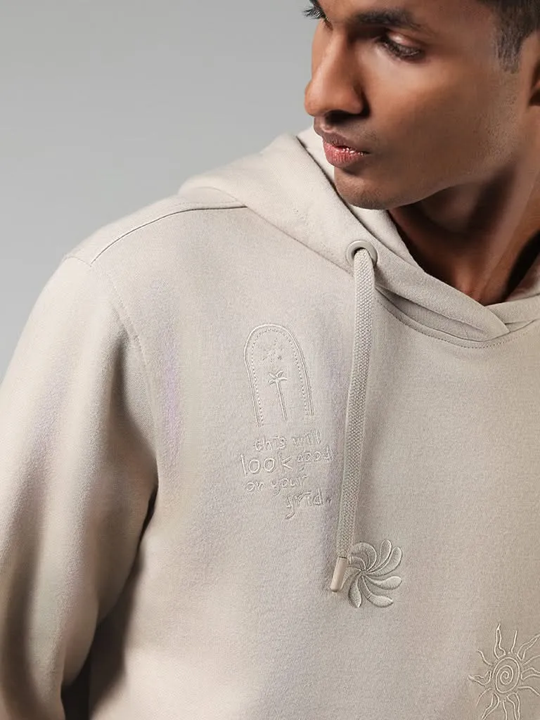 Nuon Beige Embroidered Cotton Blend Relaxed-Fit Hoodie