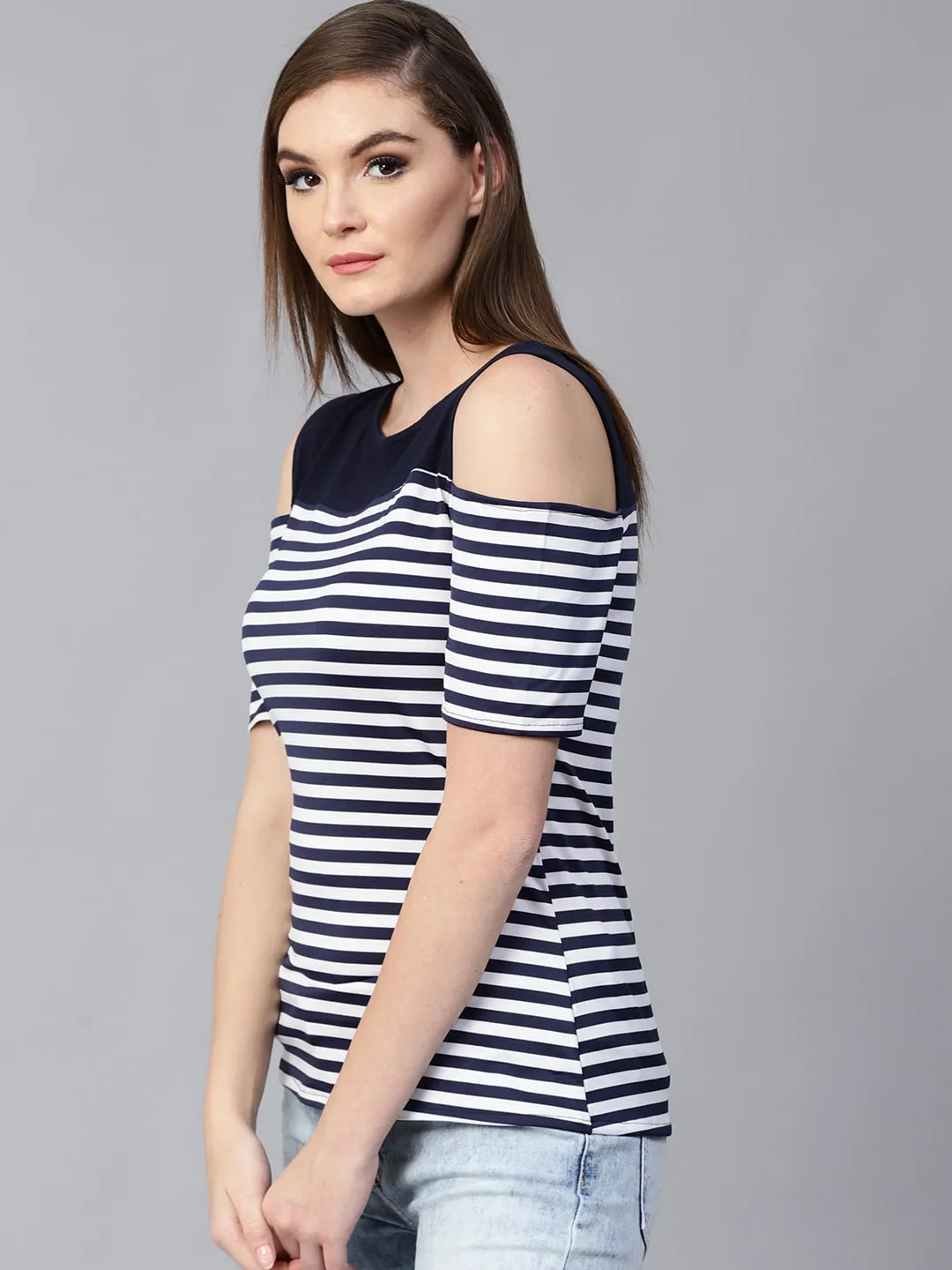 Pannkh Women's Breton Stripe Cold-Shoulder Top